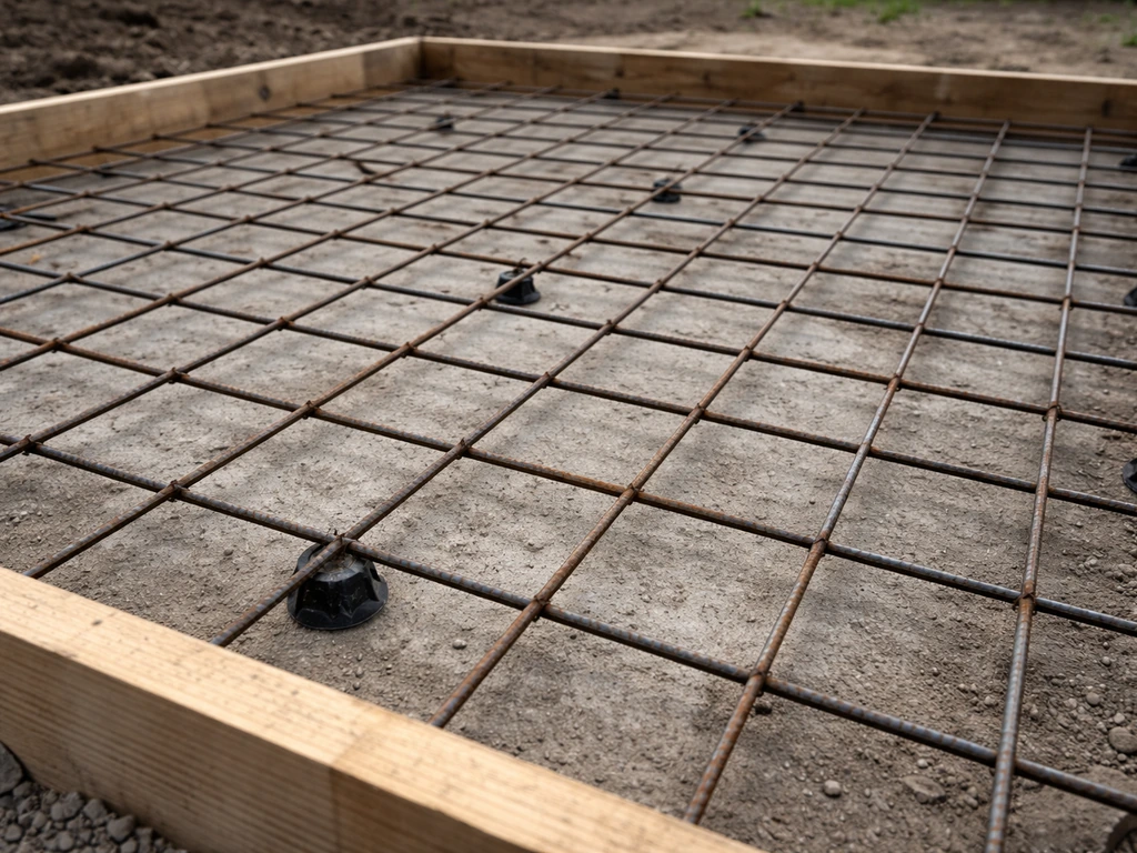 Treillis soudé sur cales d’enrobage dans un coffrage, prêt pour coulage de béton de terrasse