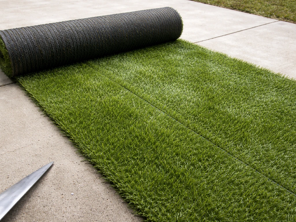 Rouleau de gazon synthétique déroulé et ajusté sur une dalle béton, fibres bien étalées, repères de coupe visibles.