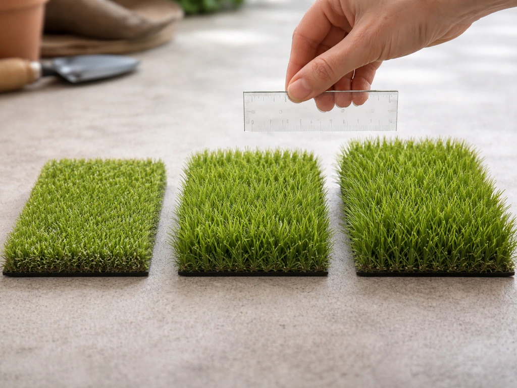Trois échantillons de gazon artificiel avec fibres de 20–25, 30–35 et 35–40 mm sur sol clair.
