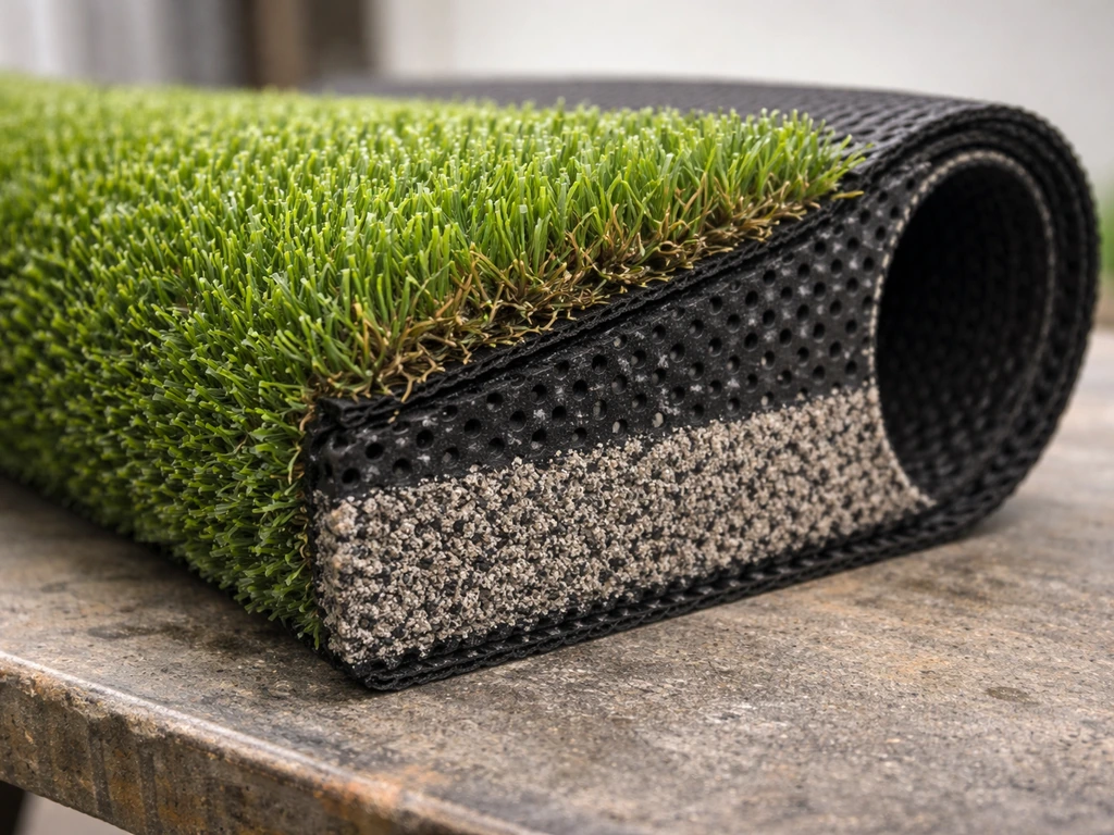 Zoom sur la base drainante d’un gazon artificiel, couches stables et perméables à l’eau, en lumière naturelle.