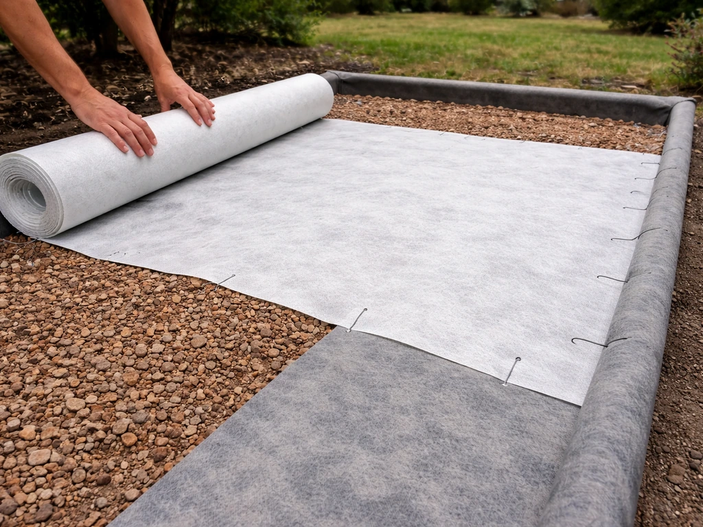 Jardin en préparation : rouleau de géotextile déroulé et agrafé avant remblai pour un gazon artificiel