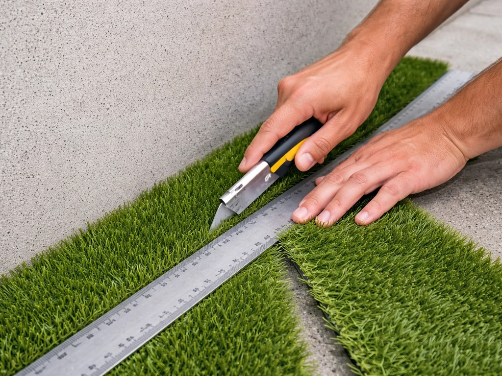 Mains coupant un gazon au cutter à 90° le long d’un bord de mur, bord net et propre.