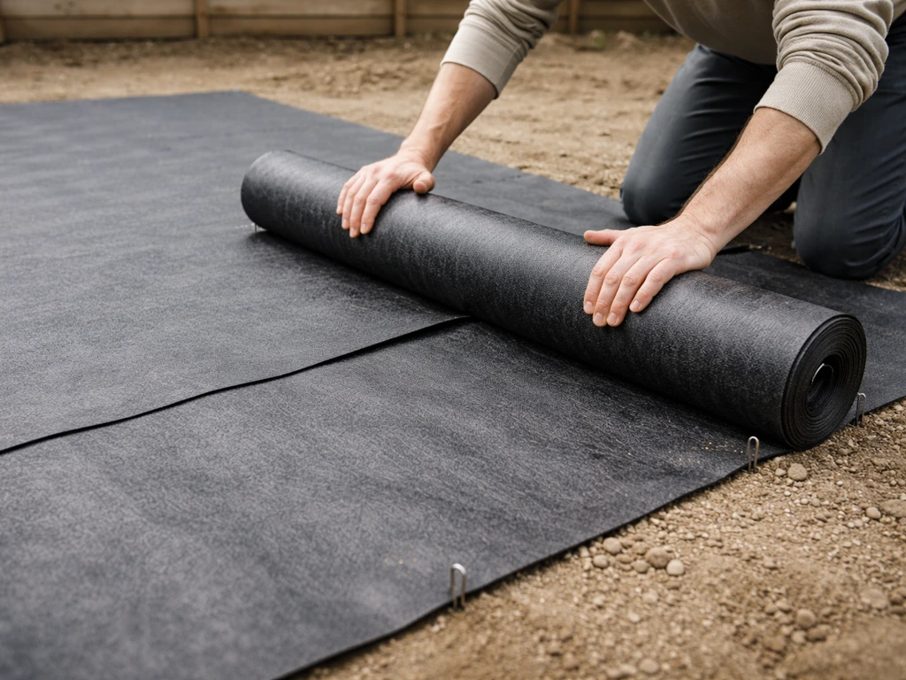 Mains qui déroulent un géotextile anti-racines sur un sol de jardin, avec lés qui se chevauchent et s’alignent.