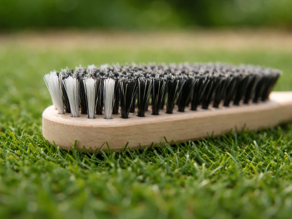 Gros plan d’une brosse en nylon sur un faux gazon, les fibres redressées pour un nettoyage