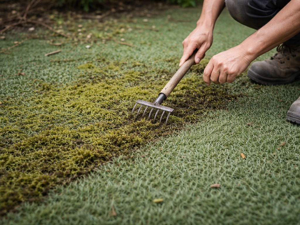 Gazon synthétique envahi de mousse et d’algues, une personne gratte la surface pour la retirer.