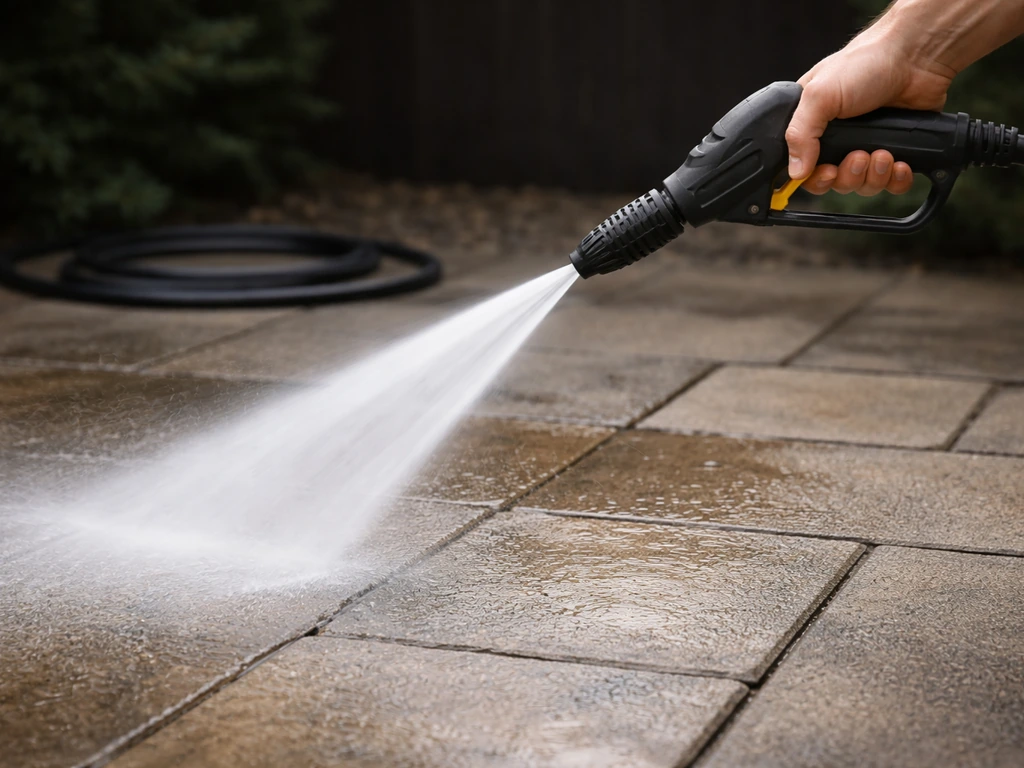 Jet large d’un nettoyeur basse pression rinçant une terrasse, eau projetée sur la surface.