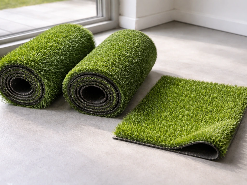 Trois échantillons de gazon synthétique de piscine montrant des fibres de hauteurs et densités différentes.