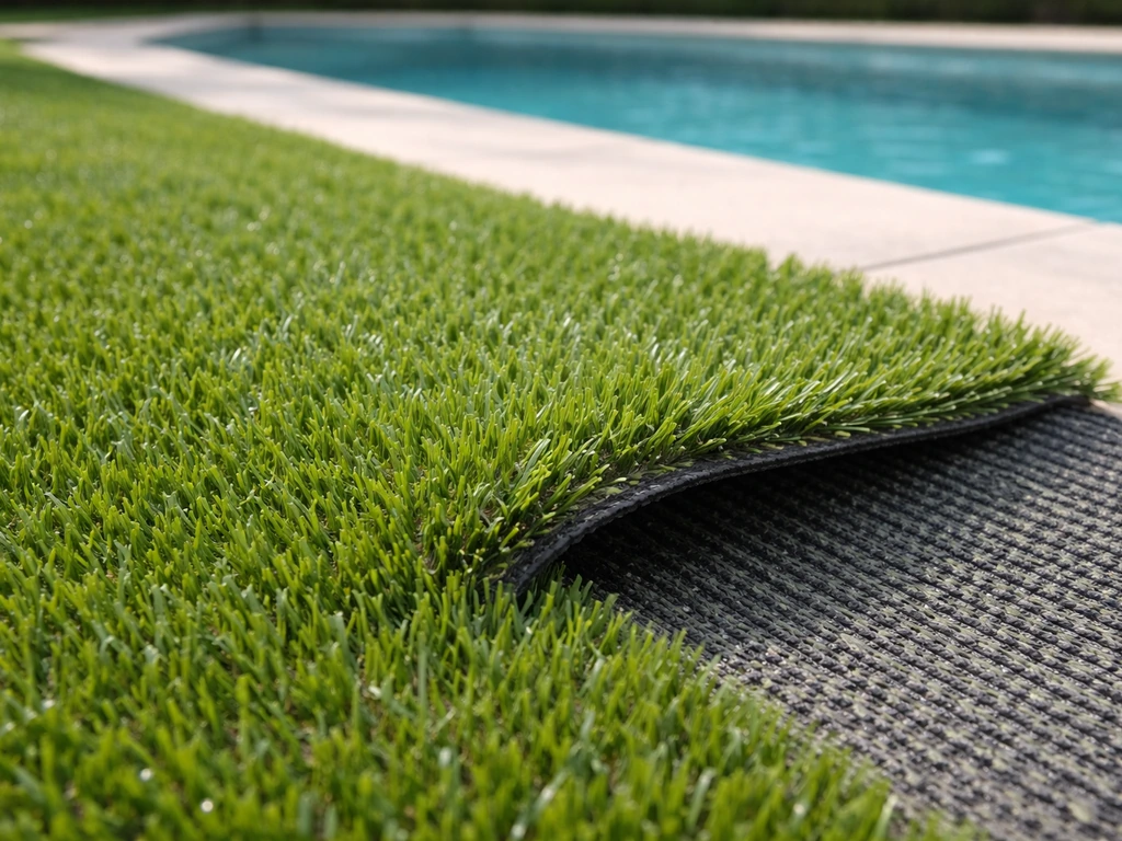 Gros plan sur un gazon synthétique dense, touffes serrées et semelle visible, ambiance piscine.