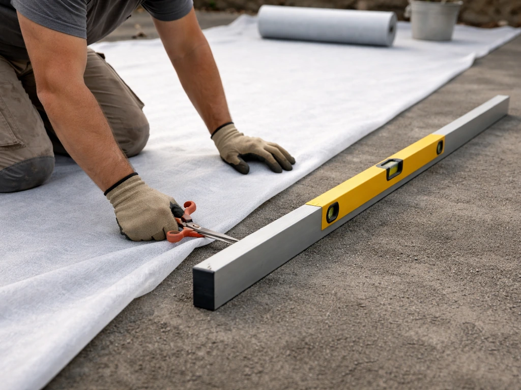 Travaux sur terrasse : coupe d’un géotextile de drainage et mise à niveau du support avant pose.