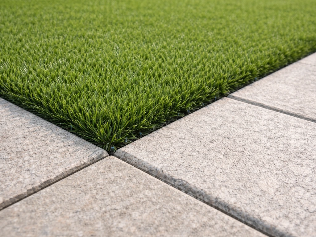 Détail réaliste d’une jonction entre gazon synthétique et margelles, avec bords soigneusement fixés et finition nette