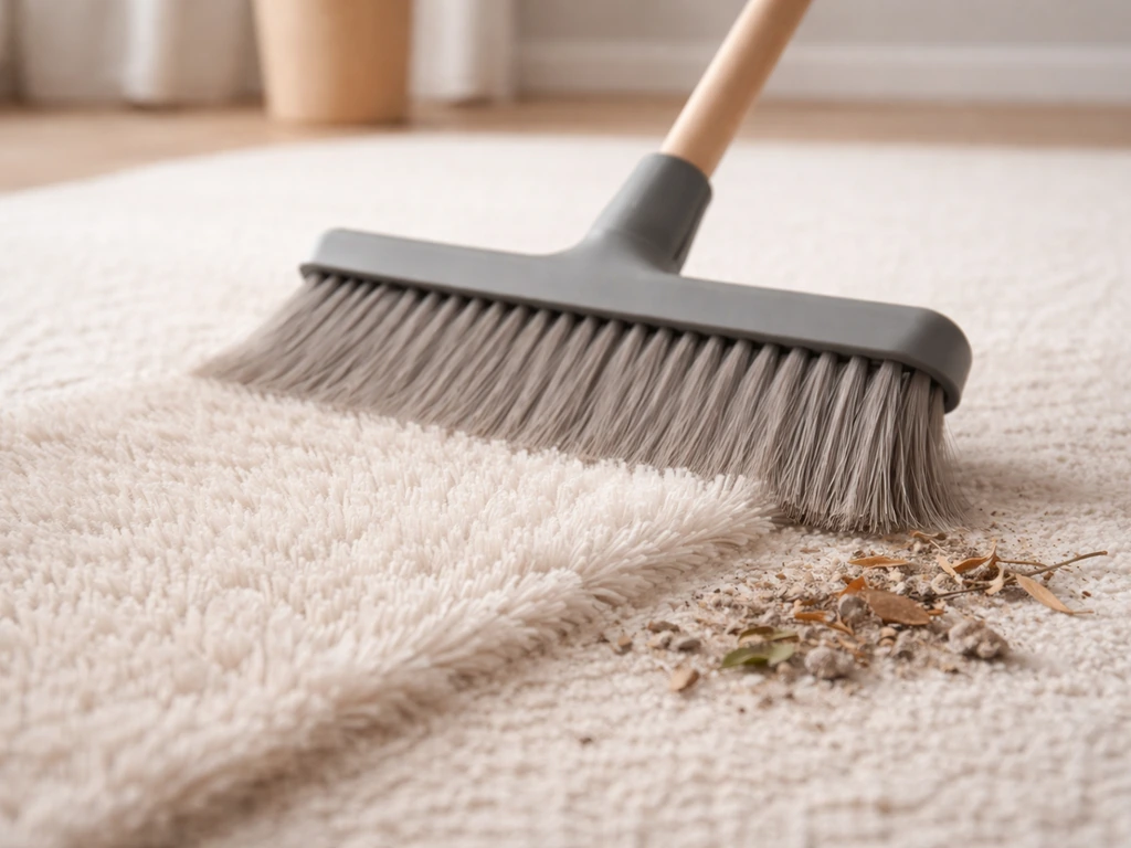 Tapis au sol avec brossage à contre-poil et petits débris retirés, ambiance d’entretien à la maison