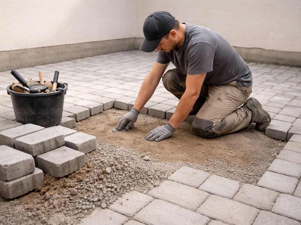 Un ouvrier inspecte et nettoie une surface de pavés autobloquants, prêts pour une pose stable.