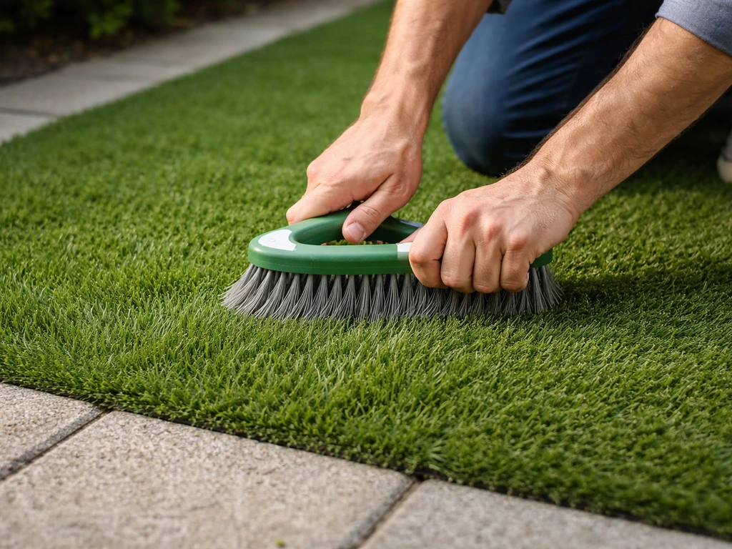 Une brosse à fibres rigides redresse les brins d’un gazon synthétique sur un pavé près d’une zone de passage.