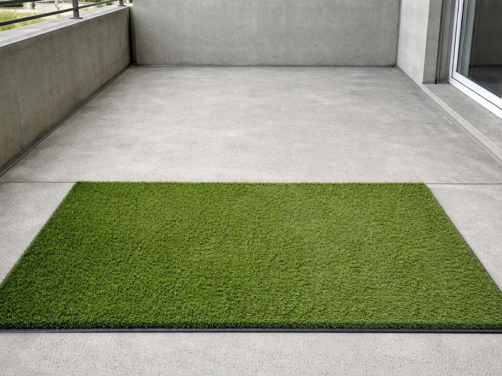Terrasse en béton avec pose récente de gazon synthétique, ambiance lumineuse et propre.