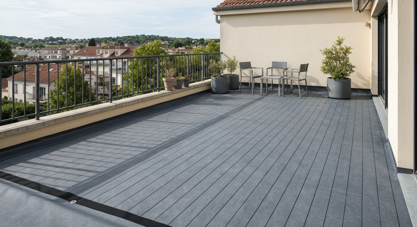 Toit-terrasse urbain en France avec gazon synthétique posé sur membrane EPDM, bords nets et mobilier de balcon.