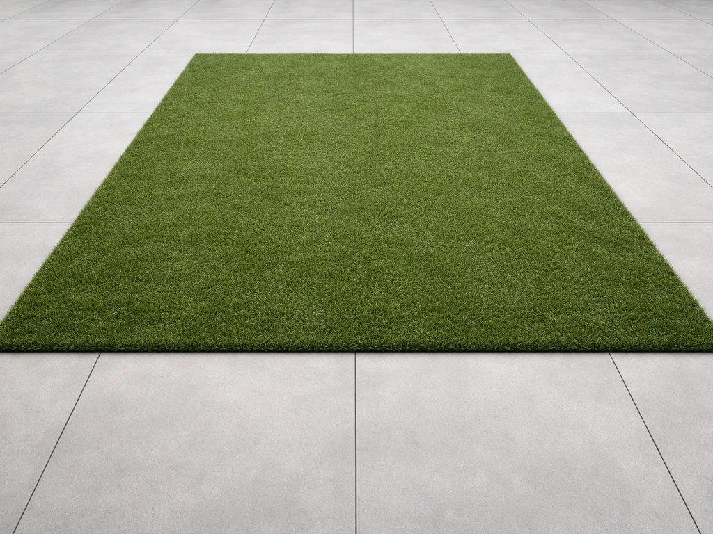 Îlot de gazon synthétique parfaitement centré sur une terrasse minimaliste en dalles béton, vue symétrique.