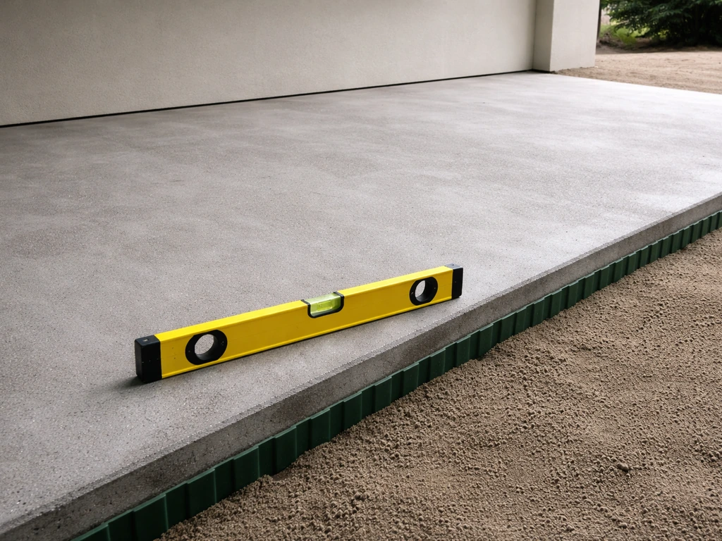 Dalle béton propre et plane, un niveau à bulle posé, surface prête à recevoir le gazon.