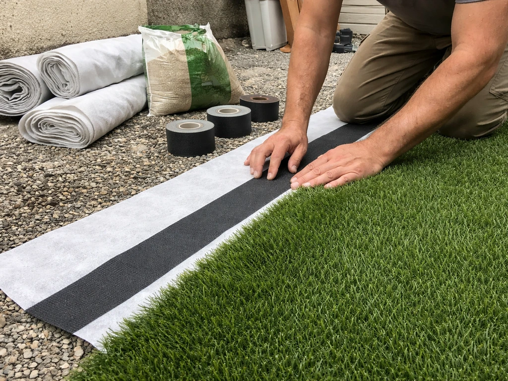 Gazon synthétique sur chantier avec géotextile, sable et bande de raccord, mains anonymes ajustant le bord.