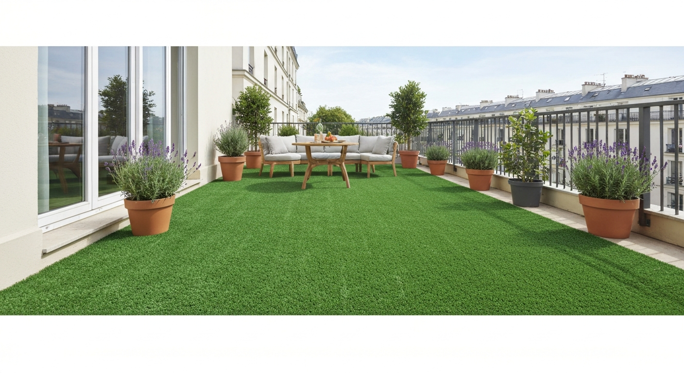 Terrasse urbaine en France avec gazon artificiel vert dense, salon de jardin et pots de plantes
