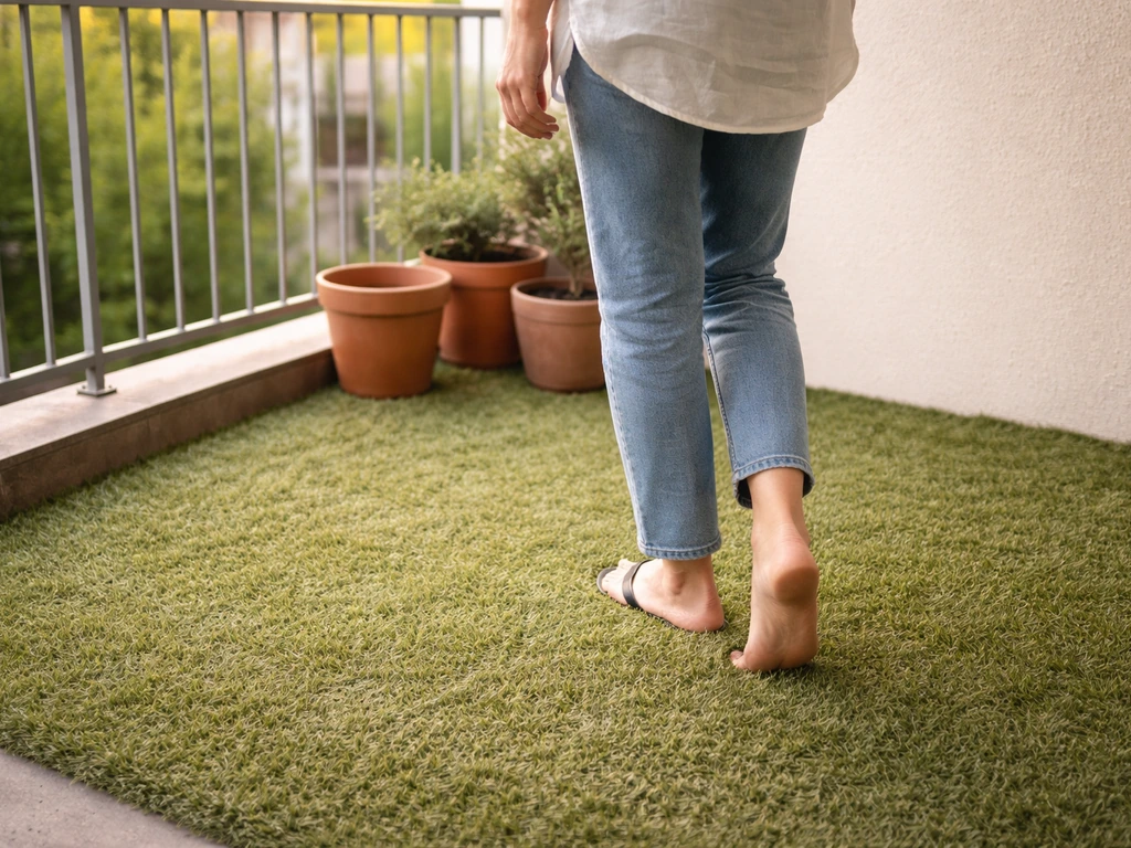 Gazon synthétique réaliste sur un balcon, avec une surface homogène et une sensation de confort au pas.