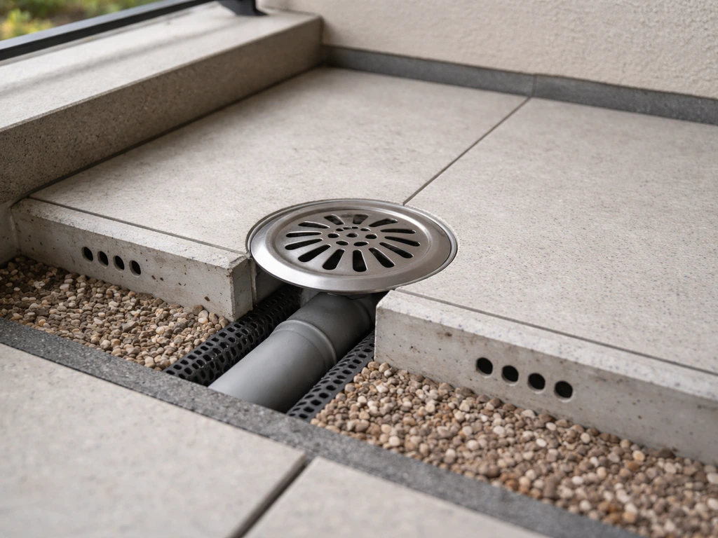 Bonde et canalisation d’évacuation sur un balcon, avec base drainante et pente visible, vue rapprochée.