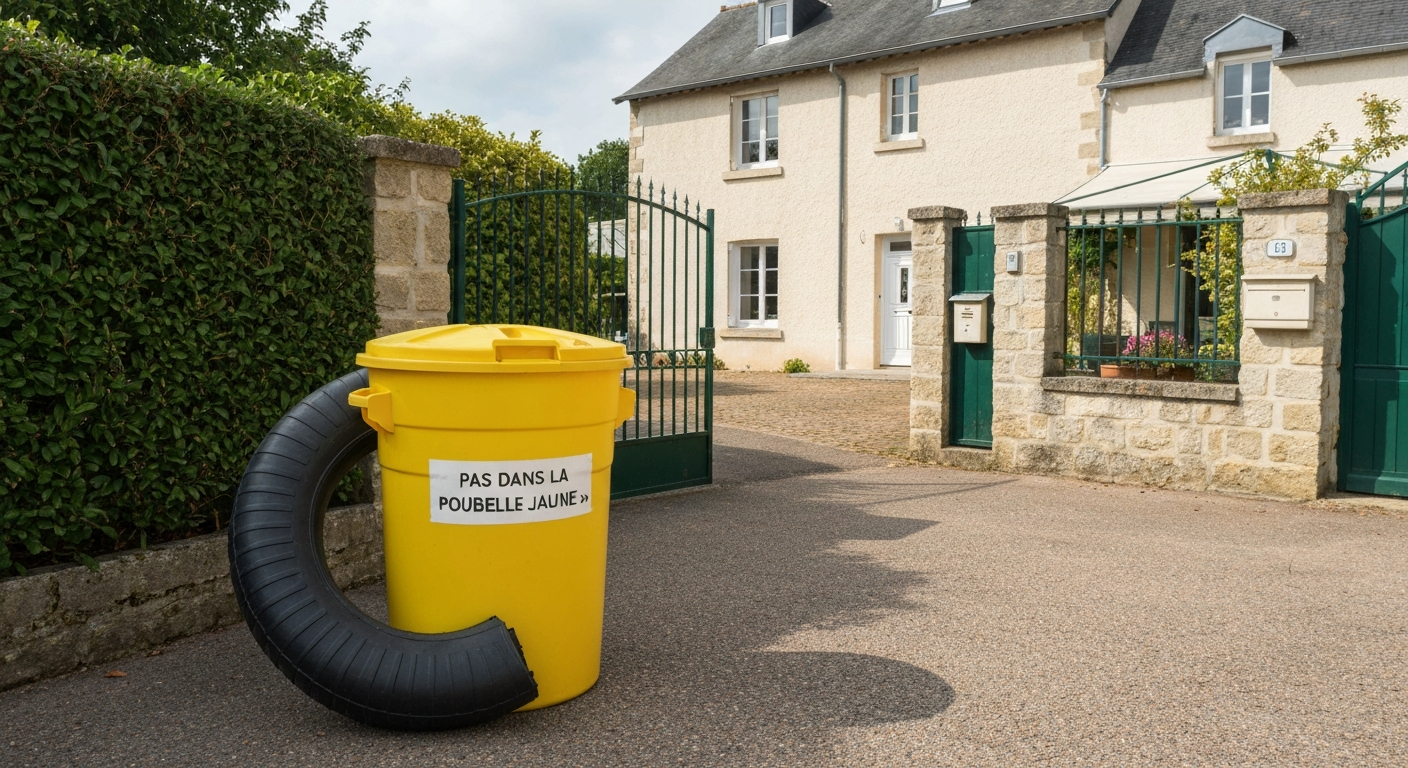 Rouleau de gazon synthétique à côté d'une poubelle jaune avec un autocollant « PAS DANS LA POUBELLE JAUNE », scène extérieure d'entrée de maison, style photo réaliste.