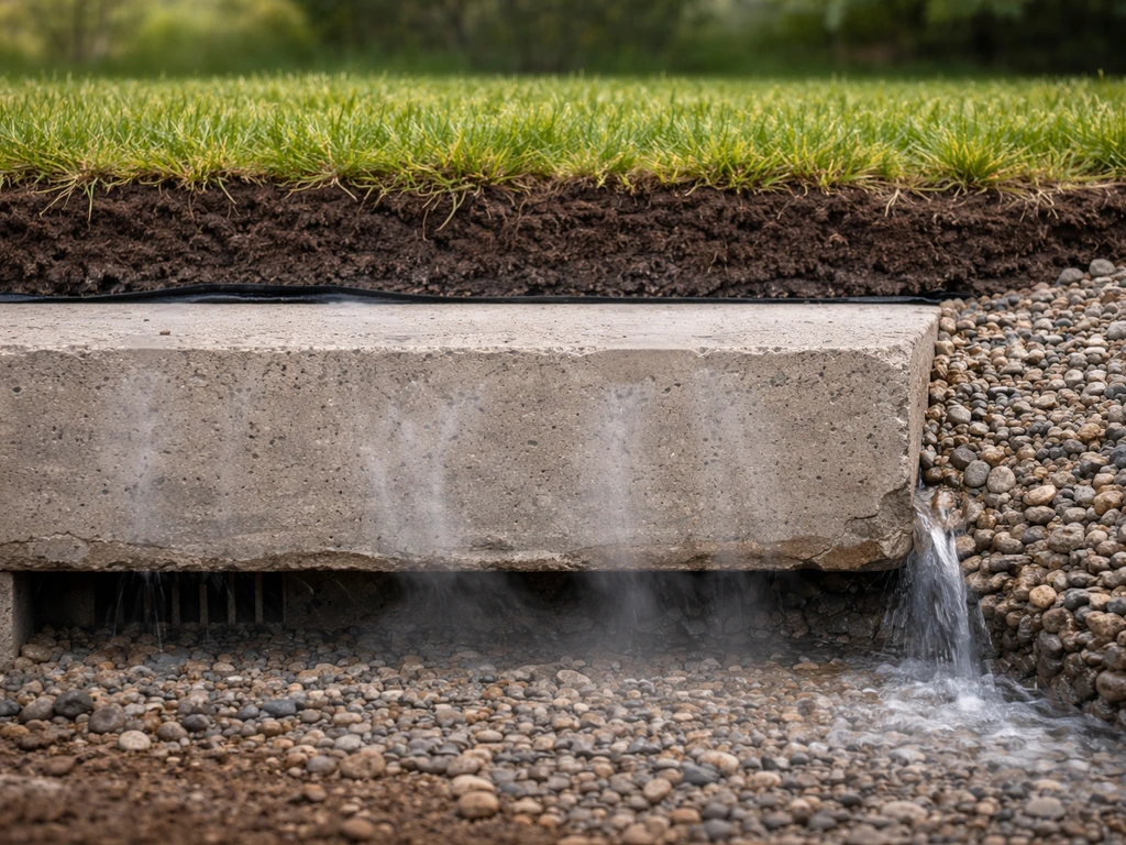 Coupe photo-réaliste montrant béton humide, couche drainante en pente et zone ventilée sous le gazon.