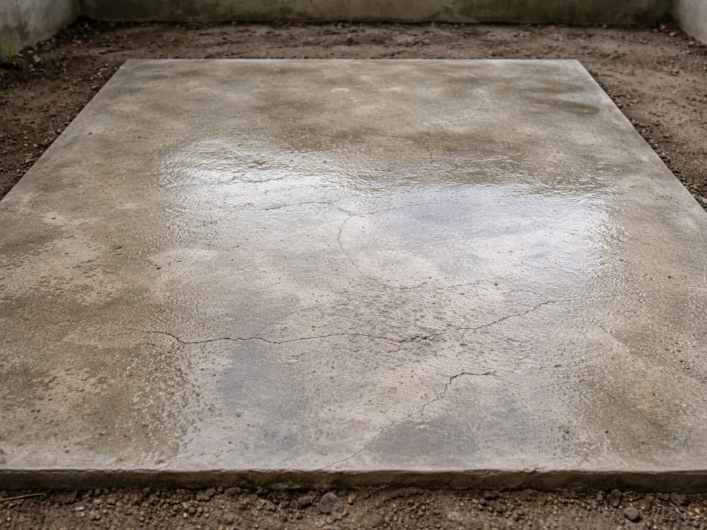 Dalle en béton nettoyée au karcher, fissures visibles et surface prête pour ragréage.
