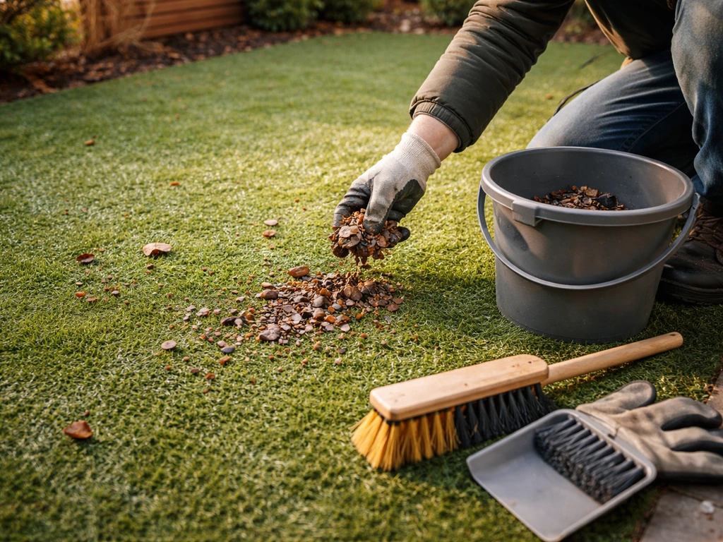 Ramassage de feuilles et petits cailloux sur gazon artificiel avant rinçage, brosse rigide et outils prêts.