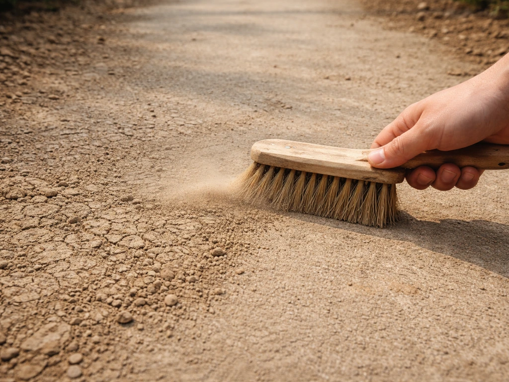 Sol extérieur avec terre sèche en surface, une brosse en action pour enlever poussière et sable.