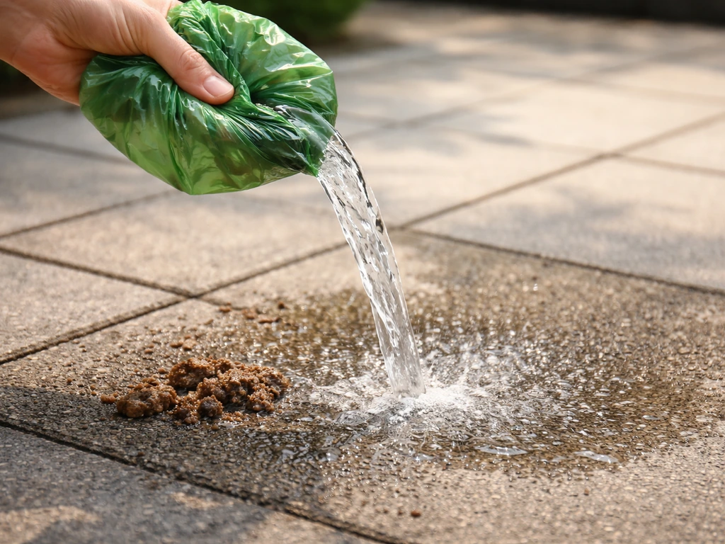 Un sac à déjection et un jet d’eau rinçant une zone de sol souillée par des excréments d’animal.