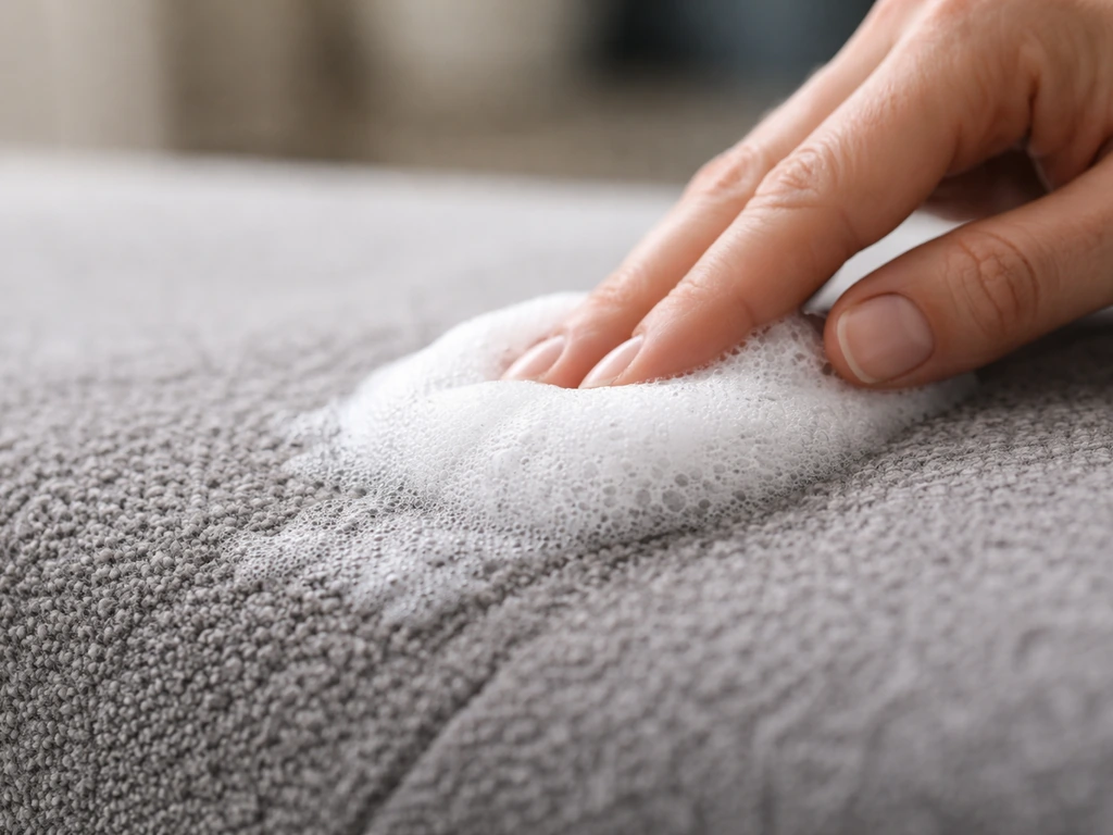 Application d’une mousse de nettoyant enzymatique sur des fibres synthétiques, vue rapprochée, effet anti-odeurs.