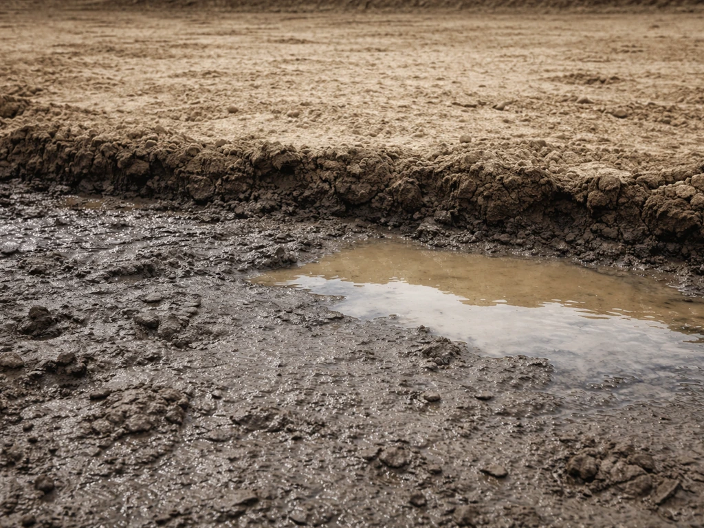 Sol argileux humide avec flaques et bordure plus sèche, contrastant avec une zone drainée en arrière-plan.