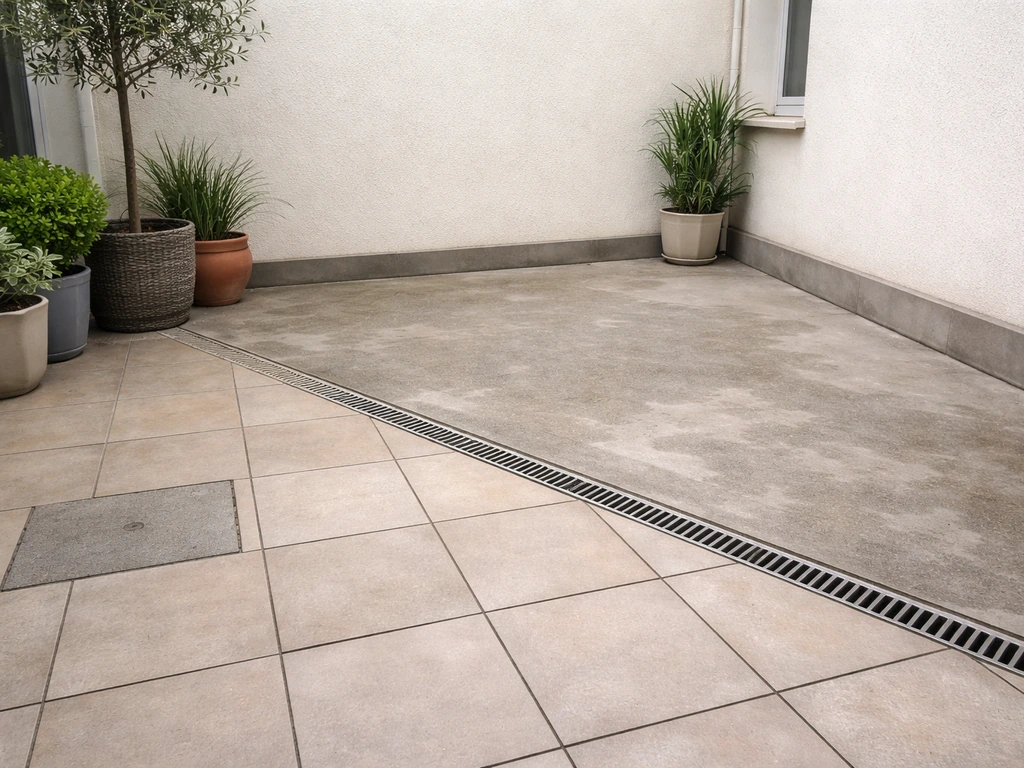 Terrasse avec dalle et zone de pente vers un caniveau pour évacuer l’eau