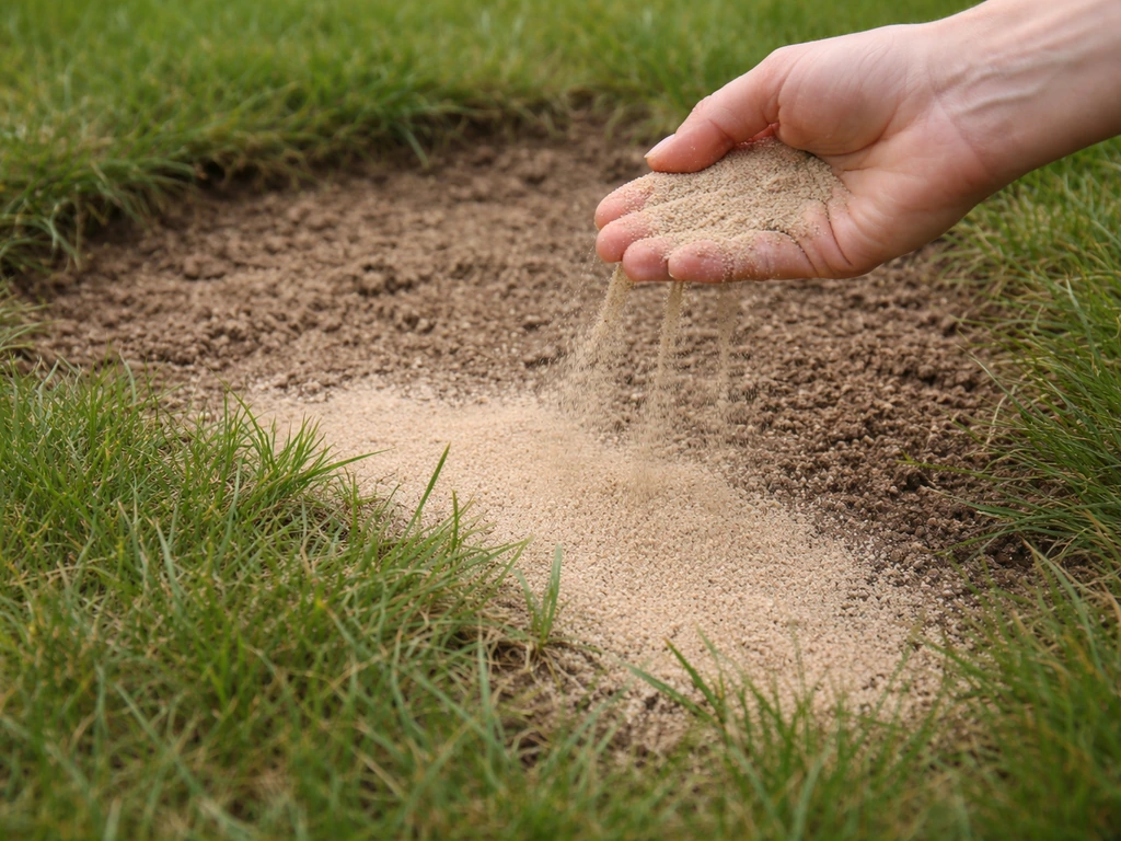 Main anonyme qui étale du sable sur une pelouse naturelle, montrant le sol et l’amélioration du terrain.