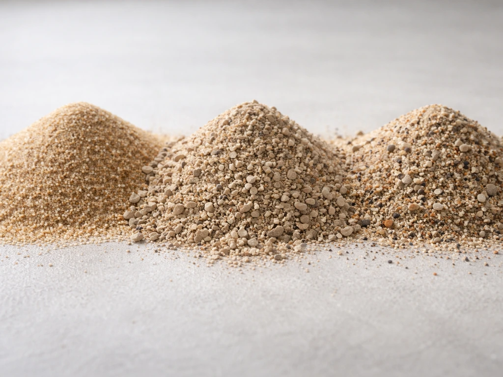 Plan rapproché de trois types de sable différents, montrant la taille et la forme des grains sur fond neutre.