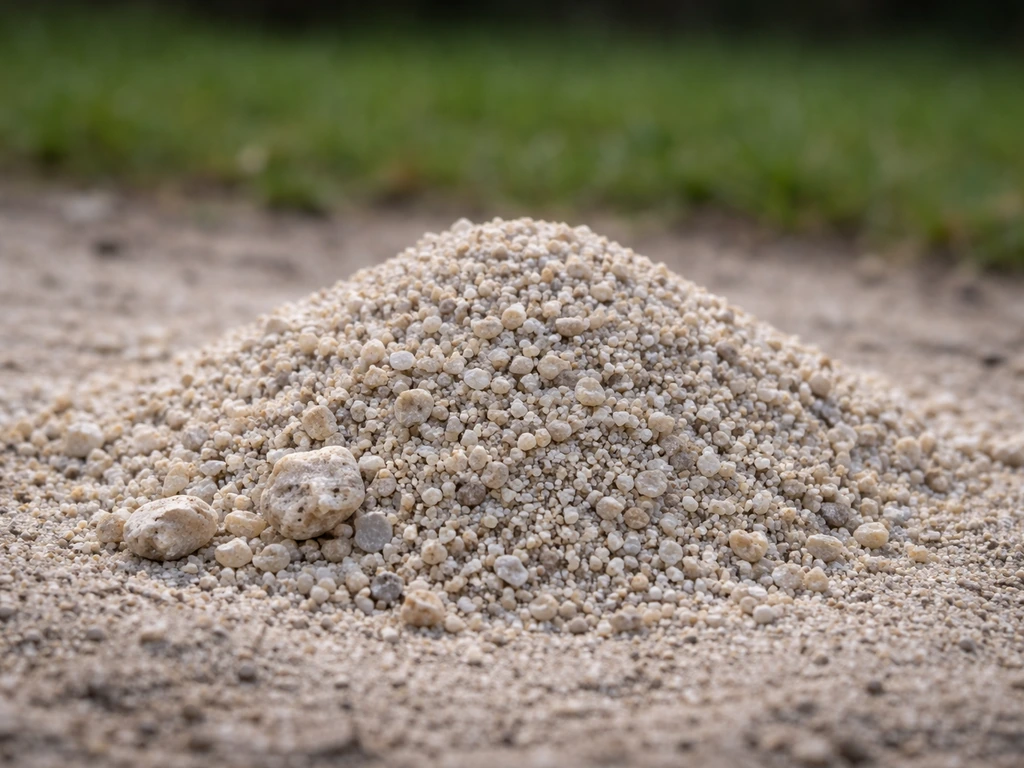 Gros plan sur des grains anguleux de sable de carrière, avec une pelouse floue en arrière-plan.