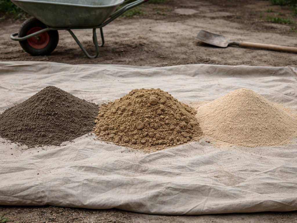 Trois tas de sables différents sur une bâche : sable non lavé, sable à stabiliser et sable de plage.