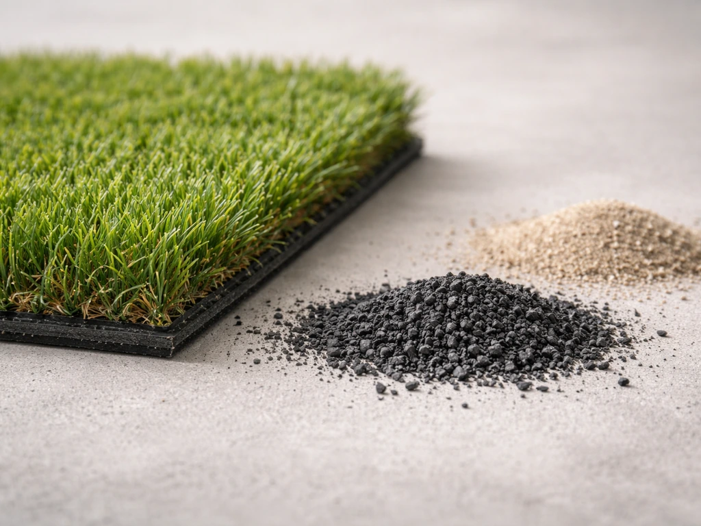 Gazon synthétique en coupe, gros plan sur fibres et granules, environnement minimal et éclairage naturel.
