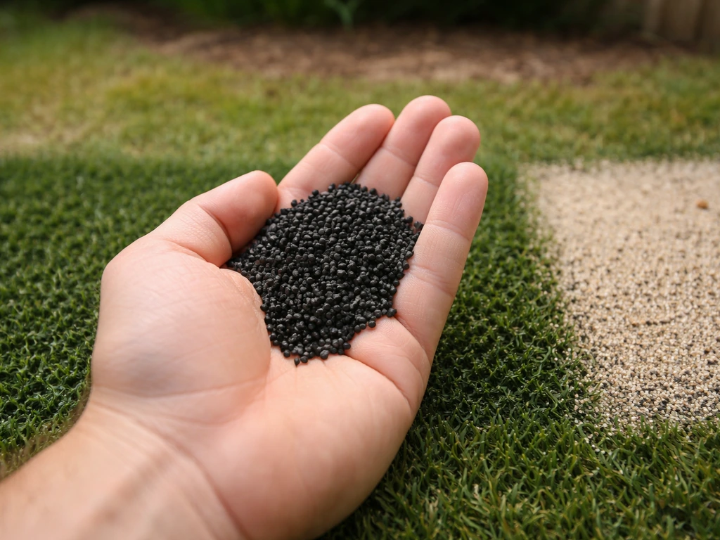 Main tenant des granulats de remplissage noirs et caoutchouteux près d’un petit tapis de pelouse synthétique.