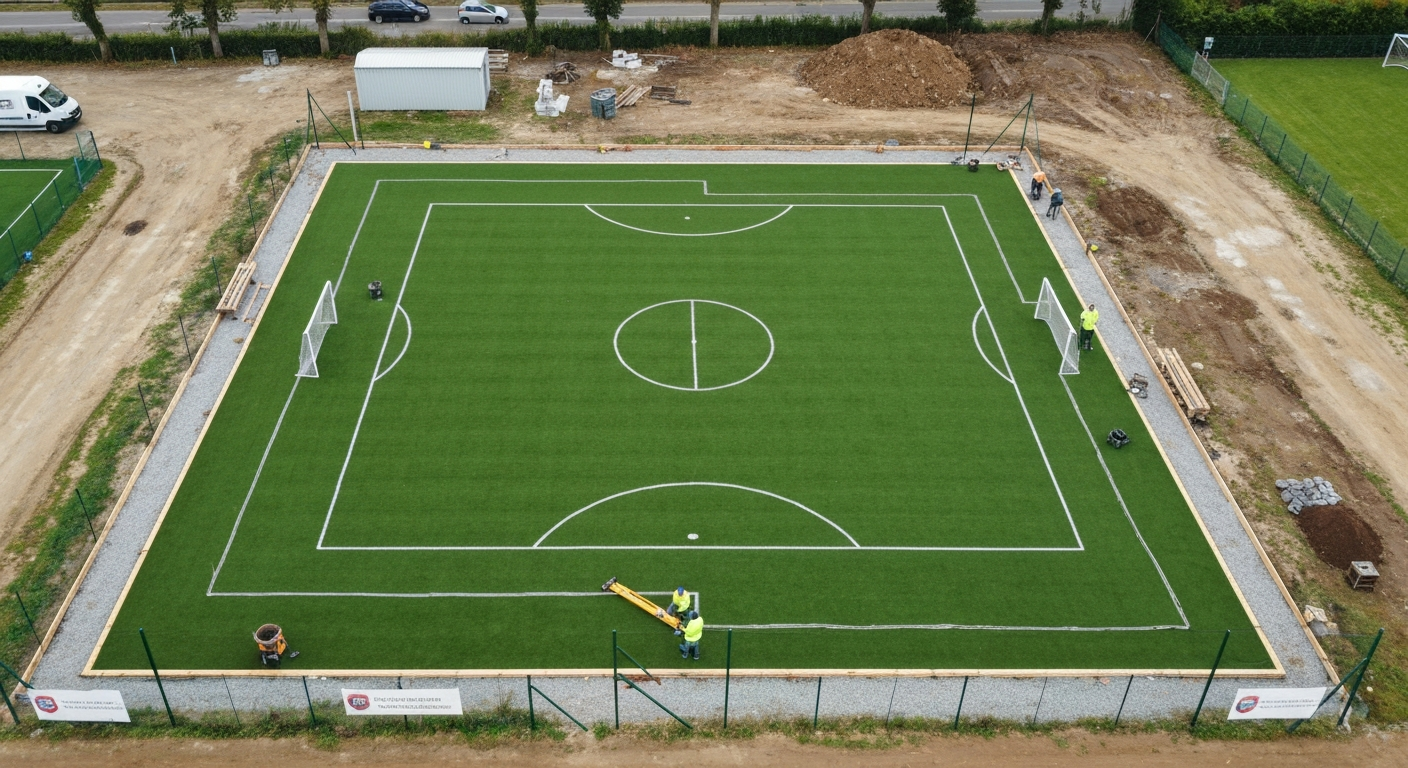Vue aérienne d'un chantier de terrain de football en gazon naturel avec terrassements, drains et pose du rootzone