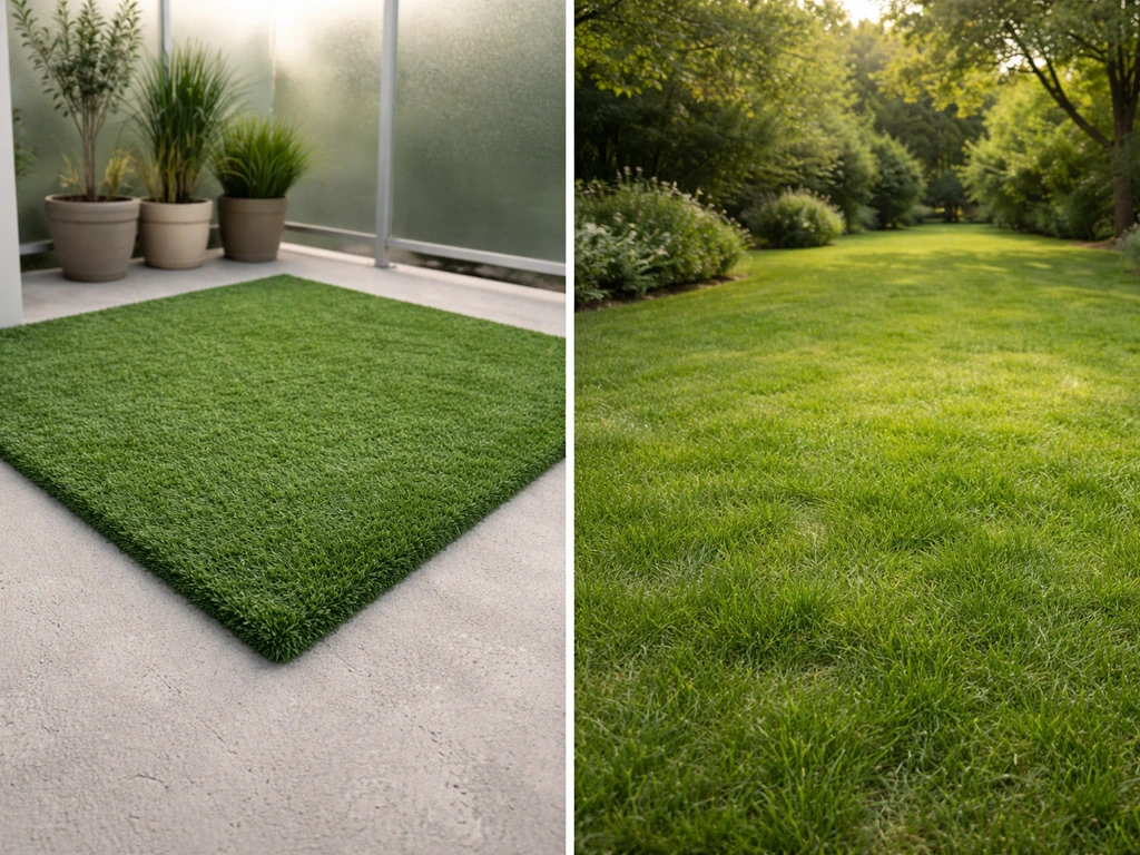 Comparaison côte à côte : gazon synthétique sur terrasse/balcon et pelouse naturelle dans un jardin.