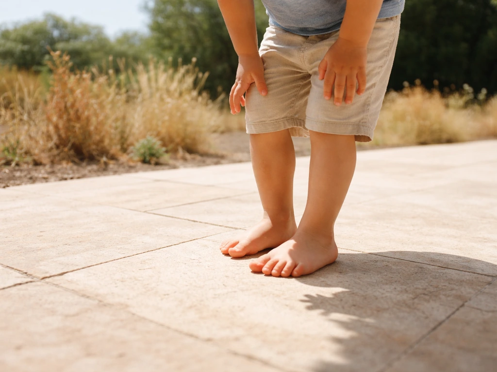 Enfant aux pieds nus dans un grand jardin en plein soleil, dalles chaudes en été, plantes fanées en arrière-plan.