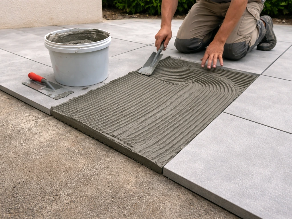 Pose en cours sur dalle béton/carrelage : colle, truelle et bord net sur une terrasse, vue réaliste.