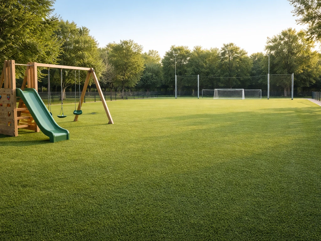 Aire de sport avec gazon synthétique vert et structures de jeu sous lumière naturelle, sans personnes.