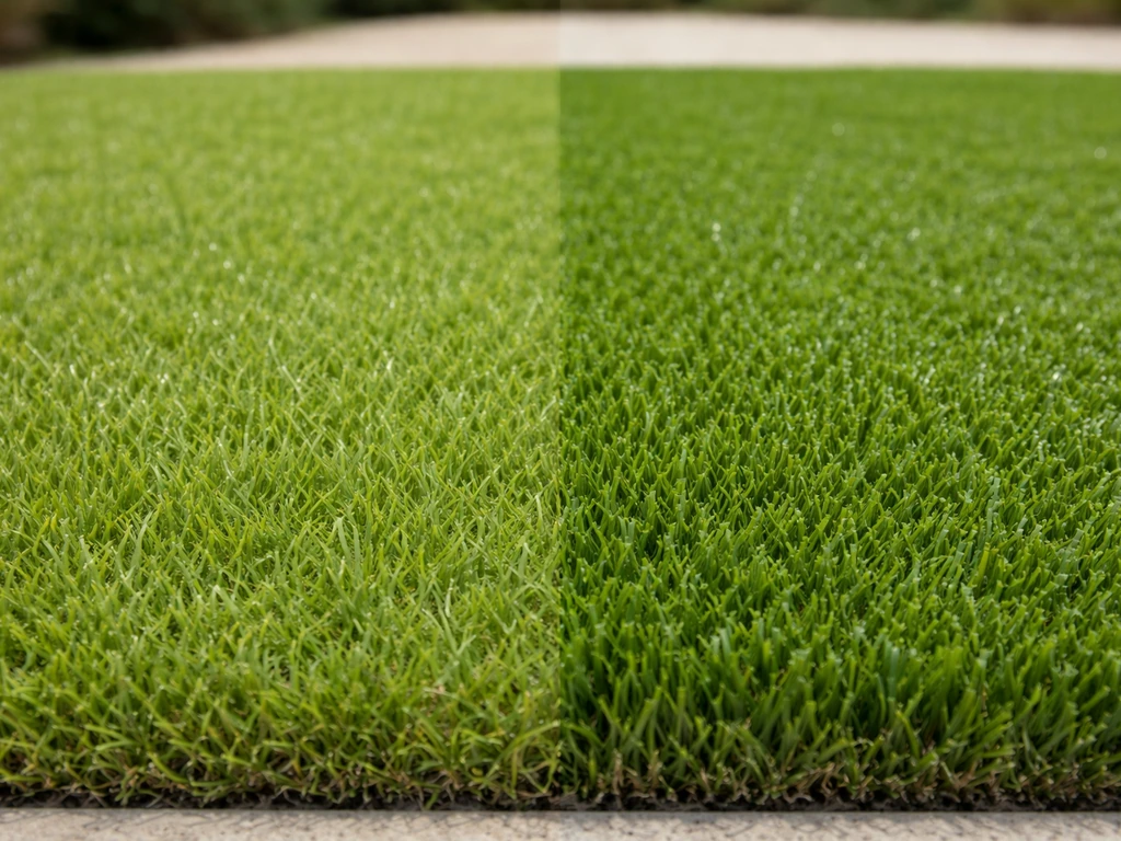 Comparaison en gros plan de deux gazons synthétiques côte à côte : ornemental fin et surface sportive dense.
