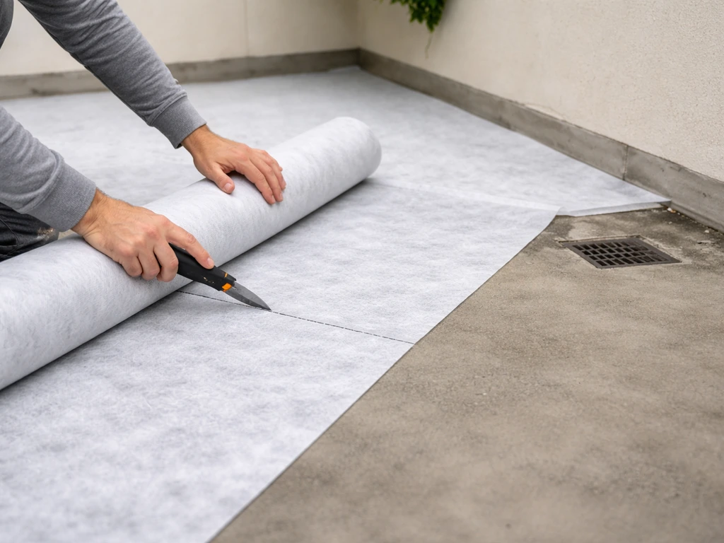 Mains posant et découpant un géotextile sur une dalle béton propre avec pente vers l’évacuation.