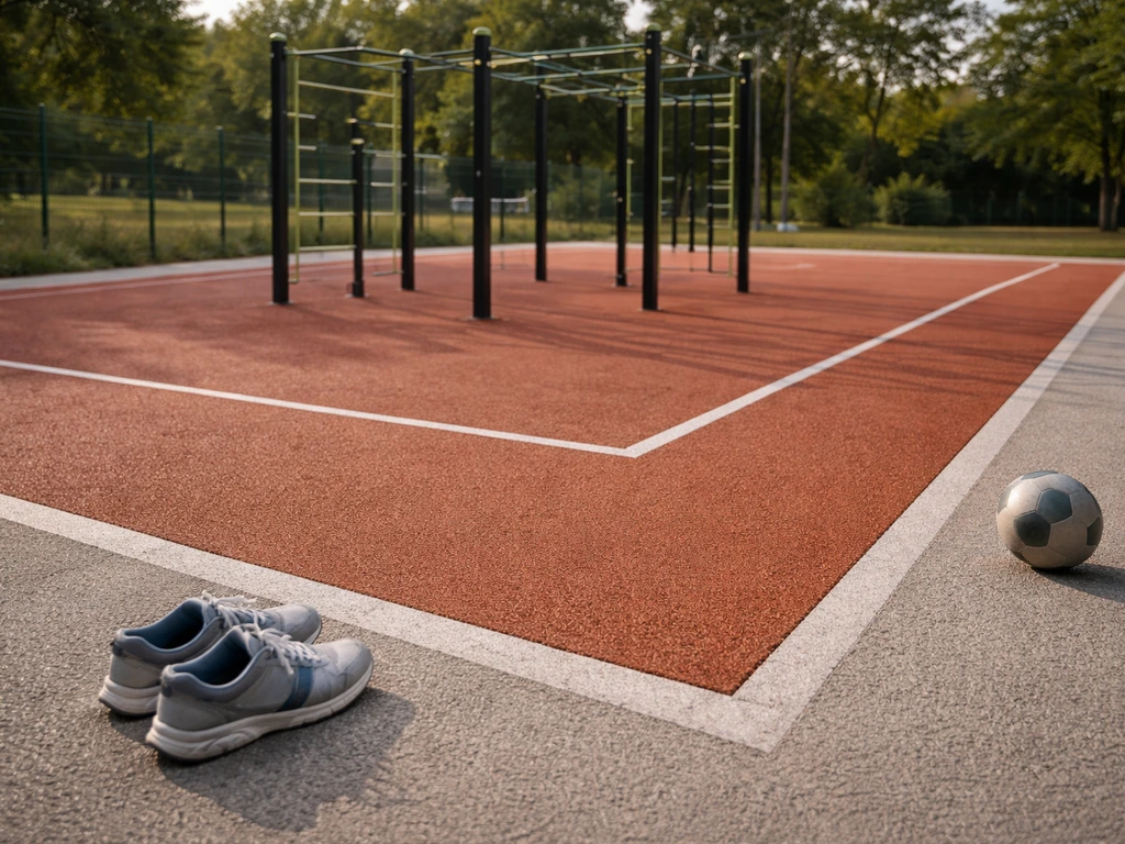 Terrain de sport extérieur avec sol en caoutchouc souple, marquage au sol et structure de loisirs.