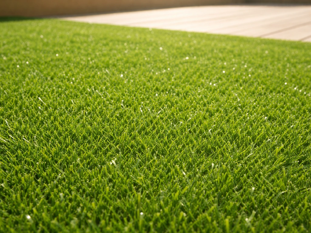Gros plan d’un gazon artificiel anti-UV sur une terrasse en plein soleil, fibres vertes nettes et bien tenues.