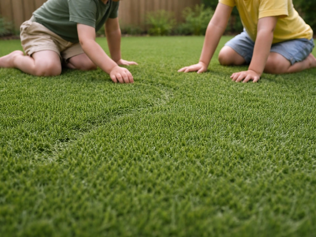 Jeux d’enfants sur un gazon artificiel dense, qui reste bien épais et non aplati.